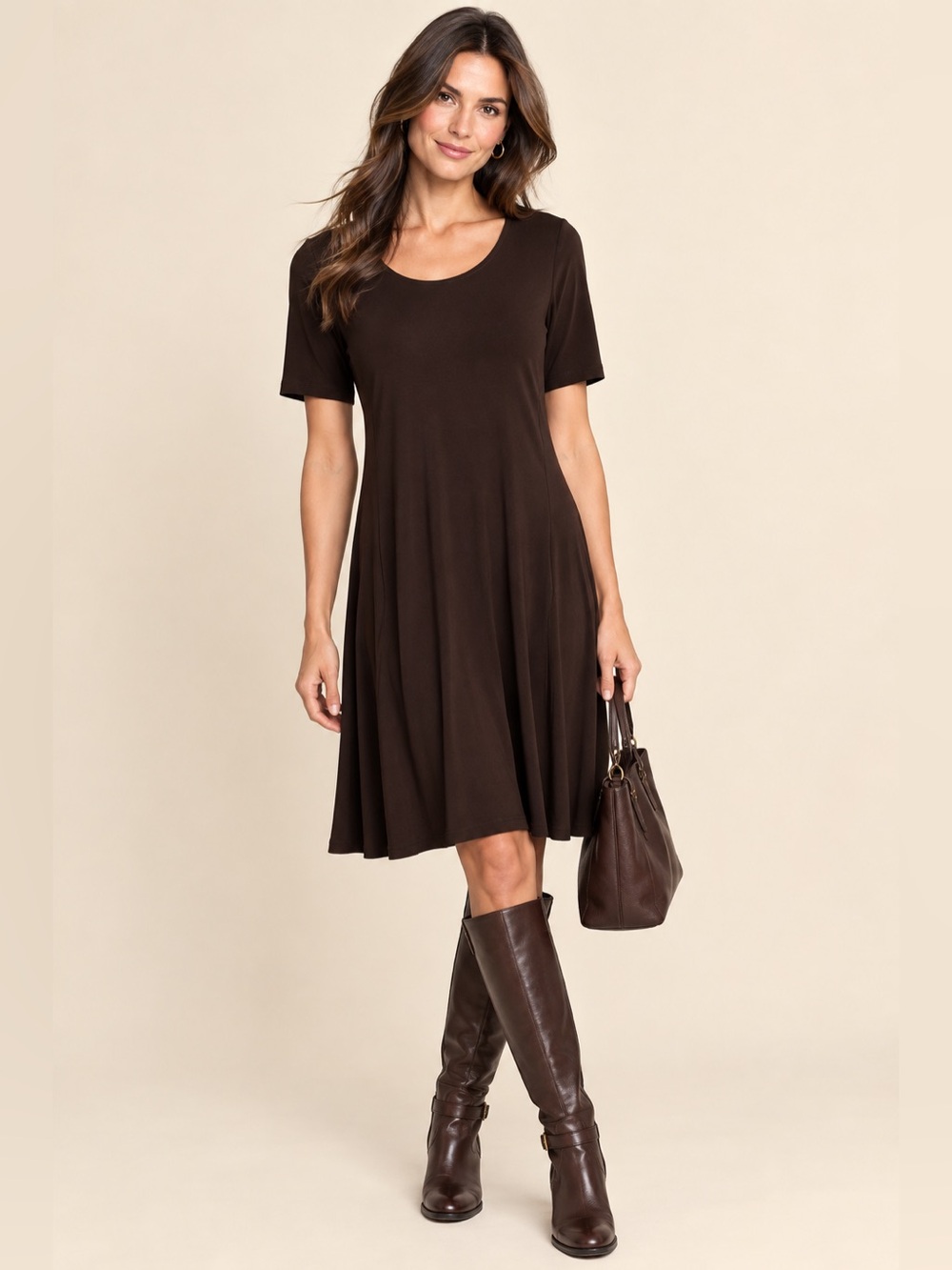 Susan Graver chocolate brown liquid knit stretchy drape knee length dress S